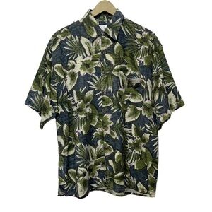 Bill Blass 100% Silk Black Green Tropical Leaf Print Dad Vacation Shirt Size L